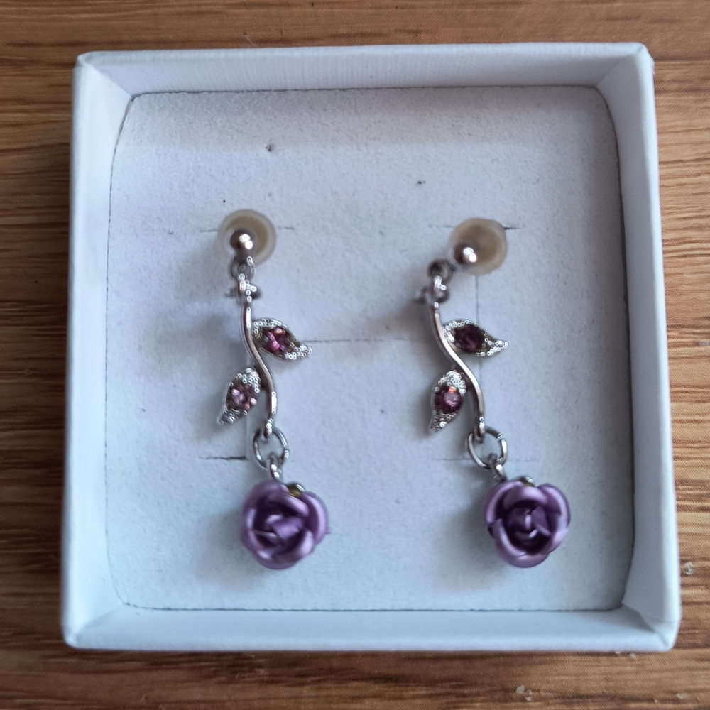 Purple Rose And Gem Drop Earrings
